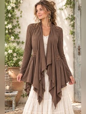 Angel Brown Jacket Cascading Front Gathered Waistline Lace Romantic Lagenlook